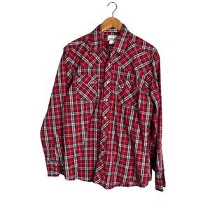 Wrangler Wrancher Long Sleeve Snap Front‎ Shirt Collared Red Plaid Large